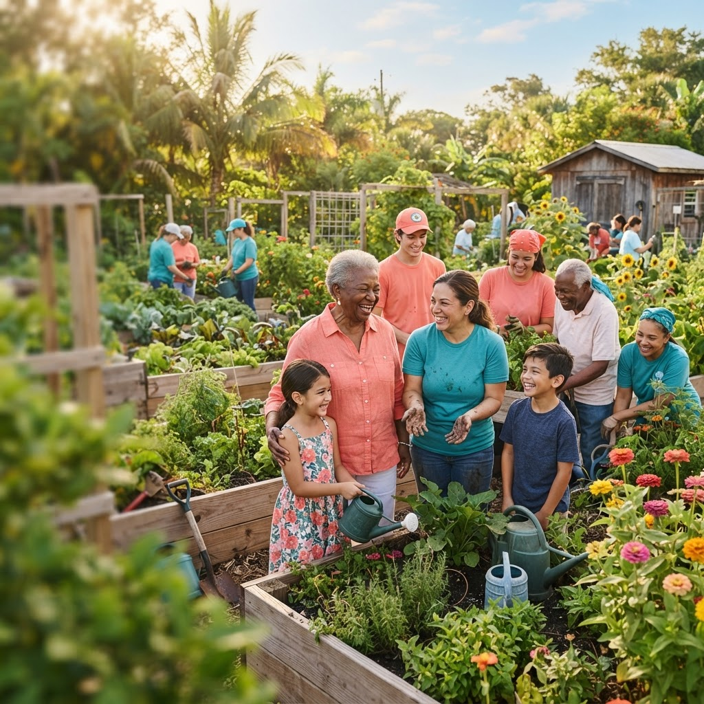 Families and volunteers connecting in a sunny community garden